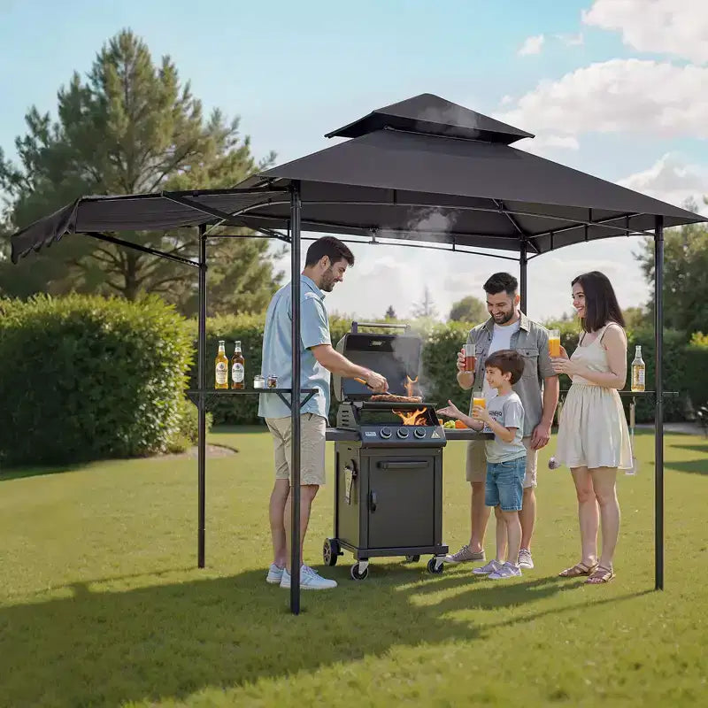 Tonnelle de barbecue, toit à double niveau de 8 x 5 pi, tonnelle de grill avec auvent supplémentaire, abri de grill de patio en acier enduit de poudre avec 2 étagères latérales, gris foncé