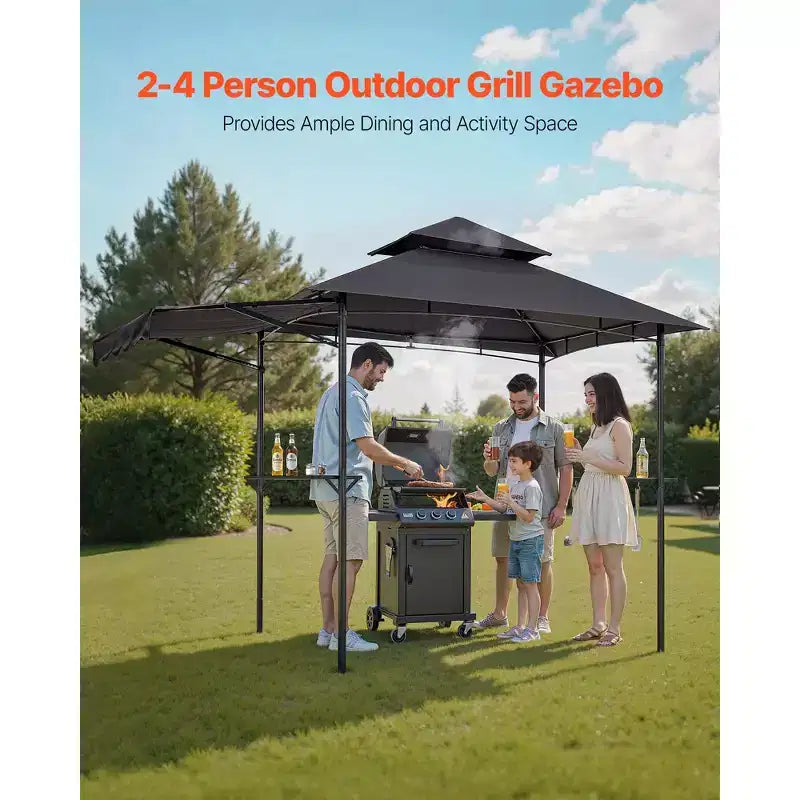 Tonnelle de barbecue, toit à double niveau de 8 x 5 pi, tonnelle de grill avec auvent supplémentaire, abri de grill de patio en acier enduit de poudre avec 2 étagères latérales, gris foncé