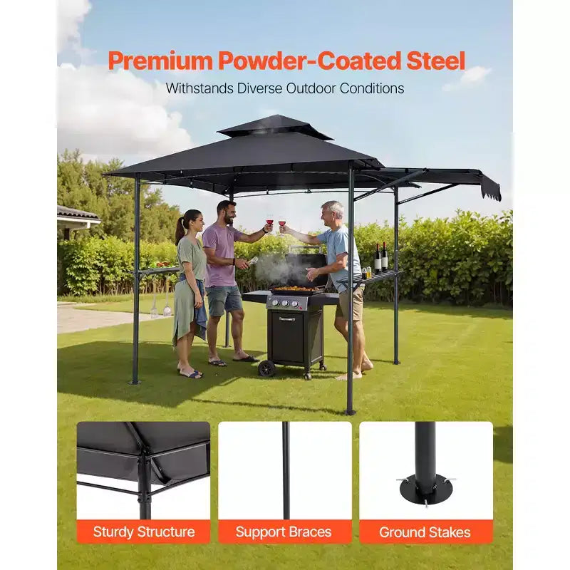 Tonnelle de barbecue, toit à double niveau de 8 x 5 pi, tonnelle de grill avec auvent supplémentaire, abri de grill de patio en acier enduit de poudre avec 2 étagères latérales, gris foncé