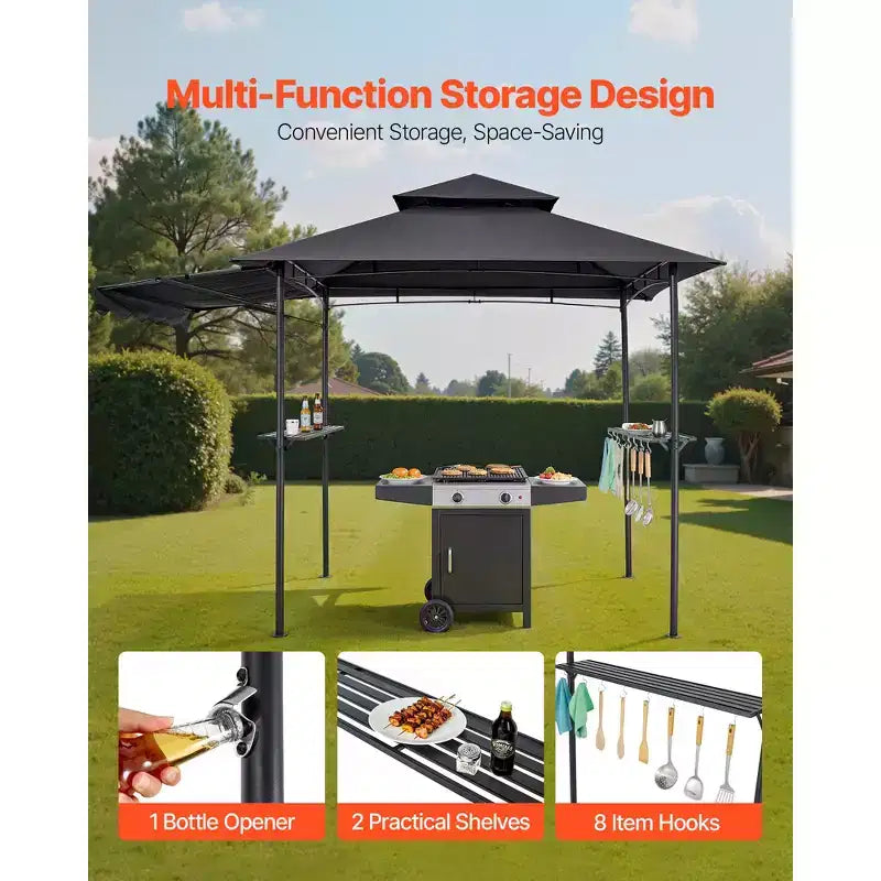 Tonnelle de barbecue, toit à double niveau de 8 x 5 pi, tonnelle de grill avec auvent supplémentaire, abri de grill de patio en acier enduit de poudre avec 2 étagères latérales, gris foncé