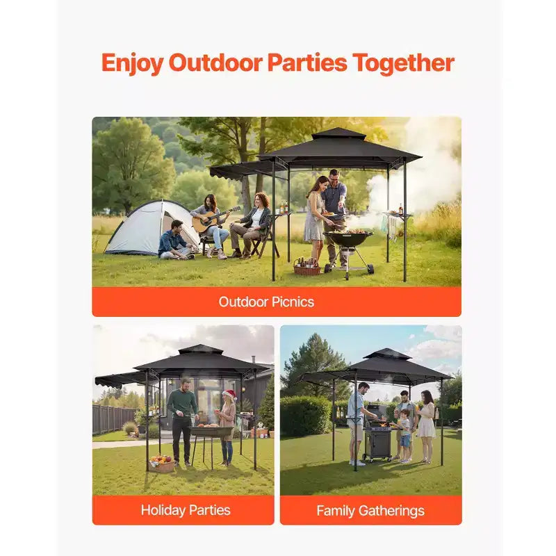 Tonnelle de barbecue, toit à double niveau de 8 x 5 pi, tonnelle de grill avec auvent supplémentaire, abri de grill de patio en acier enduit de poudre avec 2 étagères latérales, gris foncé