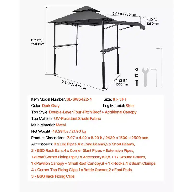 Tonnelle de barbecue, toit à double niveau de 8 x 5 pi, tonnelle de grill avec auvent supplémentaire, abri de grill de patio en acier enduit de poudre avec 2 étagères latérales, gris foncé