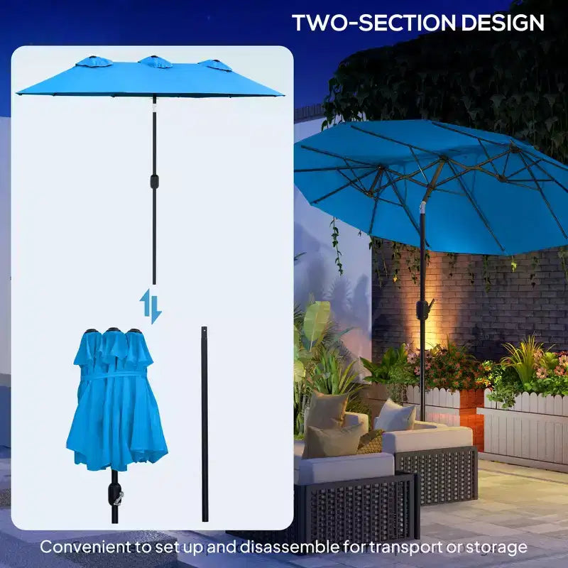Parasol de terrasse double face de 9,5 pi avec 3 évents, inclinable et manivelle, parasol d'extérieur