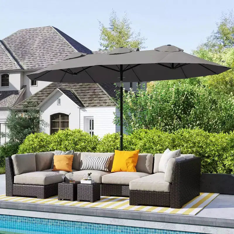 Parasol de terrasse double face de 9,5 pi avec 3 évents, inclinable et manivelle, parasol d'extérieur
