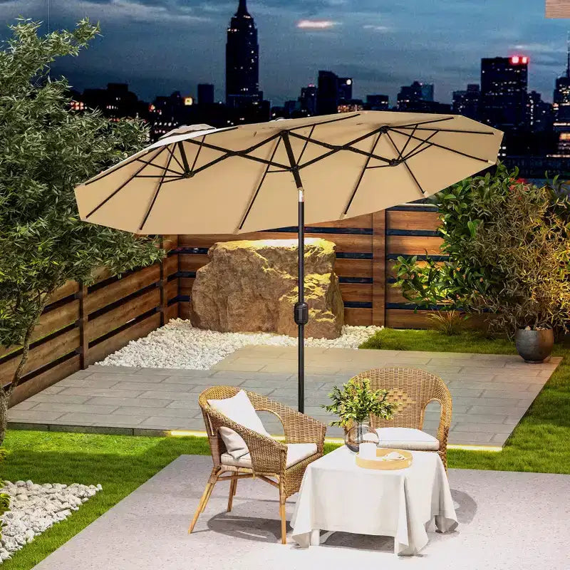 Parasol de terrasse double face de 9,5 pi avec 3 évents, inclinable et manivelle, parasol d'extérieur