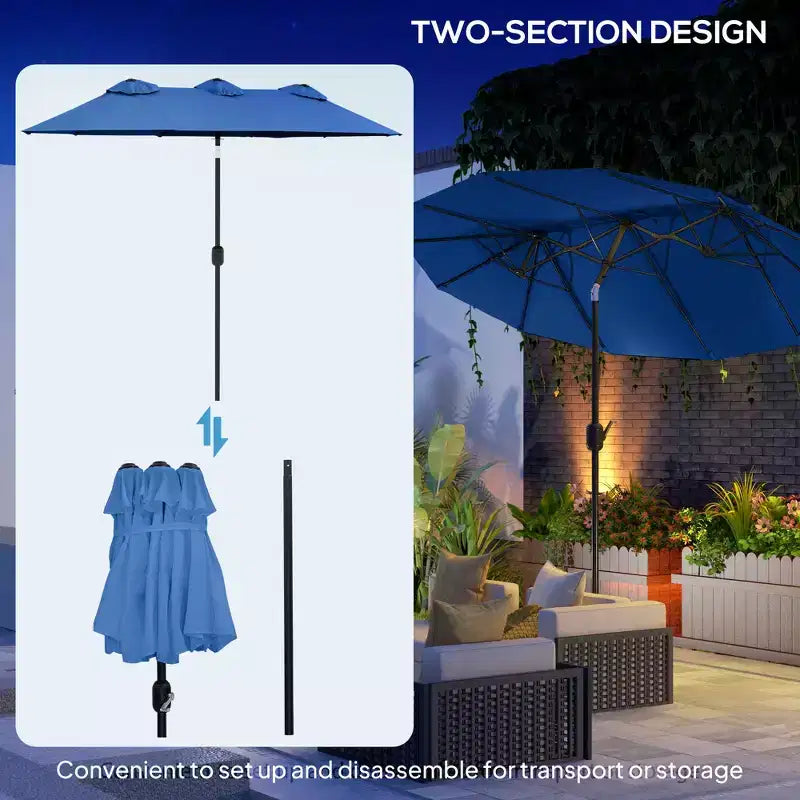 Parasol de terrasse double face de 9,5 pi avec 3 évents, inclinable et manivelle, parasol d'extérieur