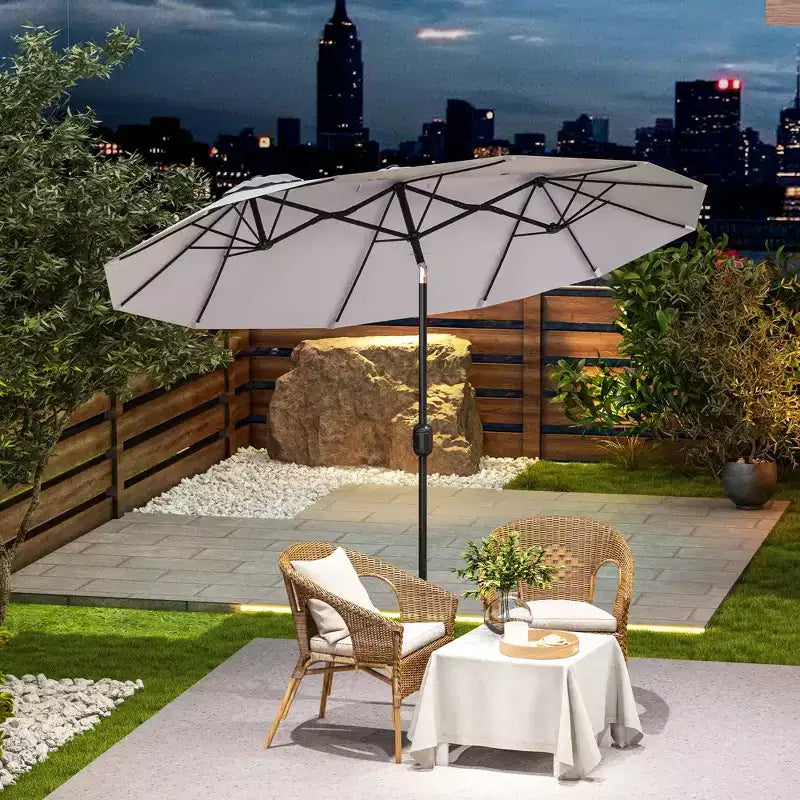 Parasol de terrasse double face de 9,5 pi avec 3 évents, inclinable et manivelle, parasol d'extérieur