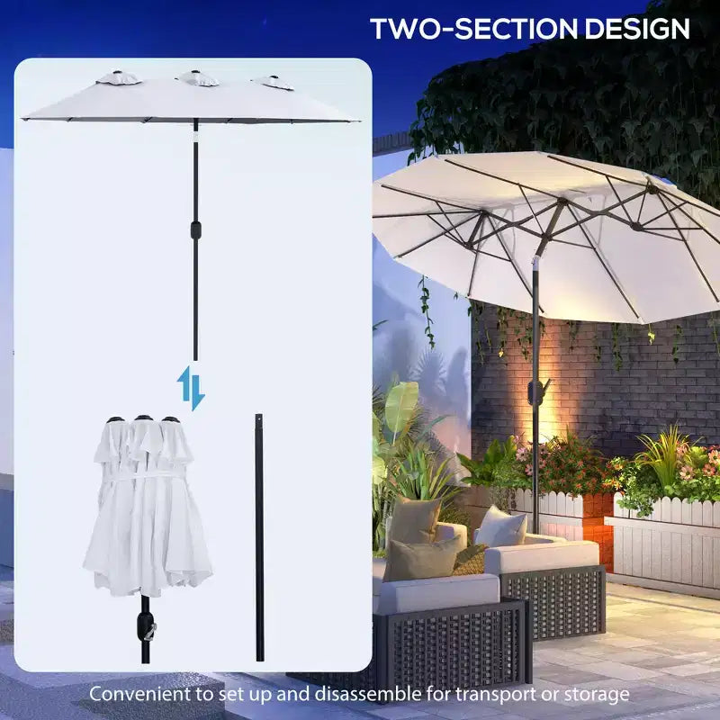 Parasol de terrasse double face de 9,5 pi avec 3 évents, inclinable et manivelle, parasol d'extérieur