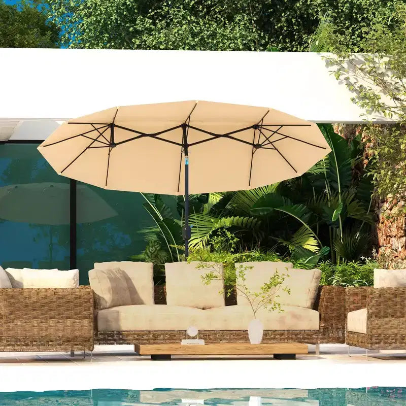 Parasol de terrasse double face de 9,5 pi avec 3 évents, inclinable et manivelle, parasol d'extérieur