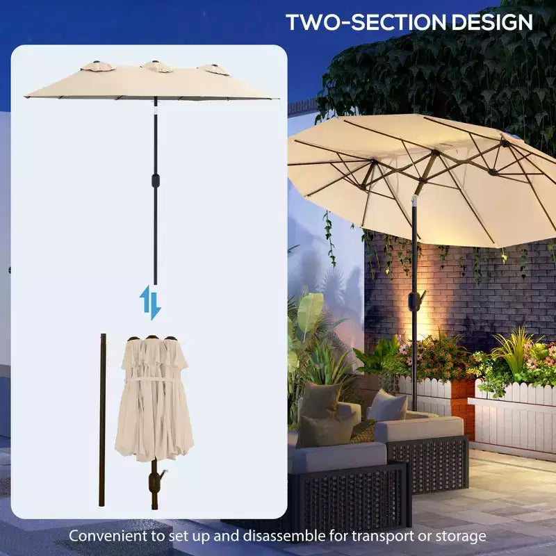 Parasol de terrasse double face de 9,5 pi avec 3 évents, inclinable et manivelle, parasol d'extérieur