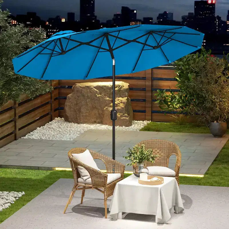 Parasol de terrasse double face de 9,5 pi avec 3 évents, inclinable et manivelle, parasol d'extérieur